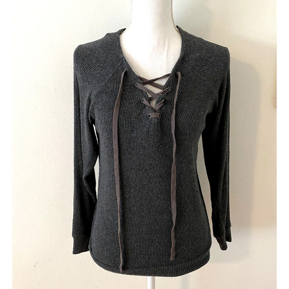 VELVET Graham and Spencer Gray Billow Lace up V-Front Long Sleeve Jersey Top XS - Picture 1 of 11